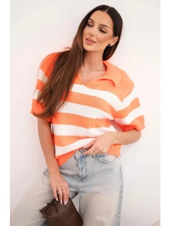 Dámsky pruhovaný sveter s golierom a krátkymi rukávmi oranžový