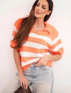 Dámsky pruhovaný sveter s golierom a krátkymi rukávmi oranžový