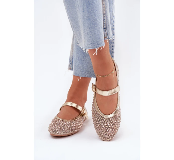 Zdobione Baleriny Damskie Z Paskiem I Klamrą Złote Avirae Zdobione Baleriny Damskie Z Paskiem I Klamrą Złote Avirae