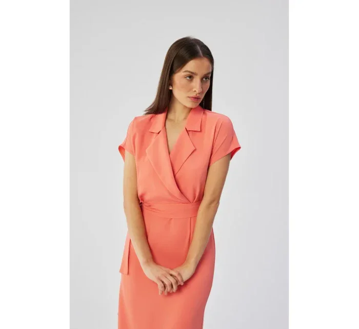 S363 Košeľové šaty s opaskom na zaväzovanie - oranžové