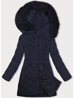 Tmavomodrá prešívaná dámska zimná bunda s kapucňou LHD (2M-057)