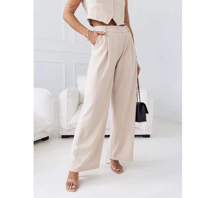 Elegantní béžový dámský komplet krátká vesta a široké kalhoty model 19761446 - Moon