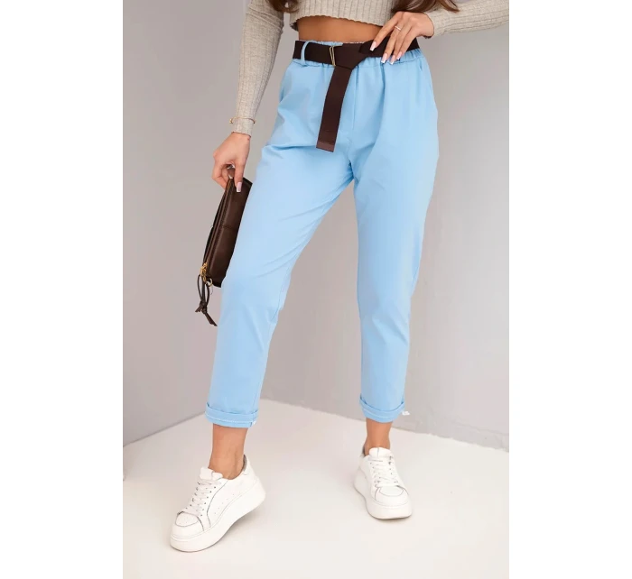 Dámské bavlněné kalhoty s páskem a ohrnutým lemem modré