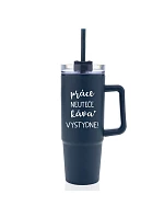 PRÁCA NEPATRÍ, KÁVA VYPADÁ SKVELO! - modrý cestovný termohrnček s priehľadným viečkom 900 ml