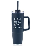 PRÁCA NEPATRÍ, KÁVA VYPADÁ SKVELO! - modrý cestovný termohrnček s priehľadným viečkom 900 ml