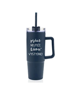 PRÁCA NEPATRÍ, KÁVA VYPADÁ SKVELO! - modrý cestovný termohrnček s priehľadným viečkom 900 ml