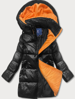 Čierno-oranžová voľná dámska bunda z ekologickej kože (AG6-21)
