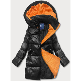 Čierno-oranžová voľná dámska bunda z ekologickej kože (AG6-21)