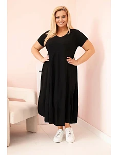 Dámske plus size šaty s krátkymi rukávmi a volánom z ľahkej viskózy čiernej farby