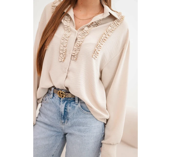 Dámská košile z viskózy s dlouhým rukávem a volánky béžová