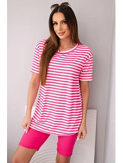 Dámsky viskózový pruhovaný komplet s krátkymi rukávmi a šortkami fuchsiovej farby
