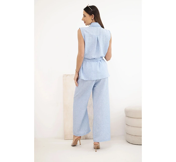 Dámska súprava s uzlovou blúzkou a širokými nohavicami modrej farby