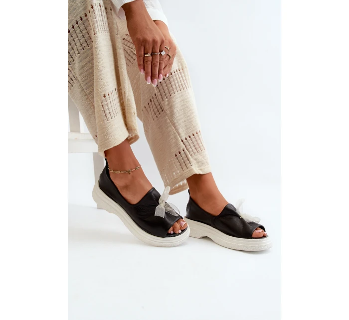 Zazoo 2939 Skórzane Sandały Damskie Z Kokardką Czarne