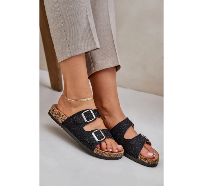 Materiałowe Klapki Na Korkowej Podeszwie Z Klamrami Czarne Atera