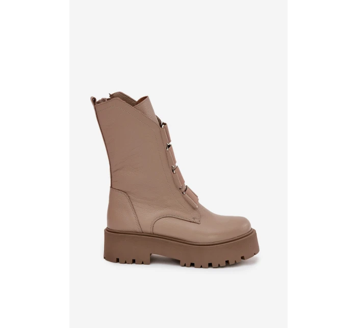 Botki Damskie Z Naturalnej Skóry Na Platformie Zazoo 3795 Beżowe