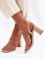 Dámské sandály na podpatku s pásky a kamínky Béžové Brelia