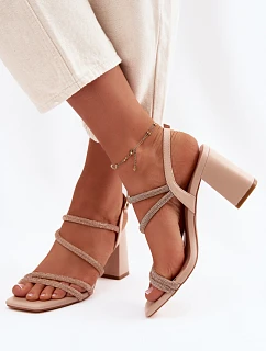 Dámské sandály na podpatku s pásky a kamínky Béžové Brelia