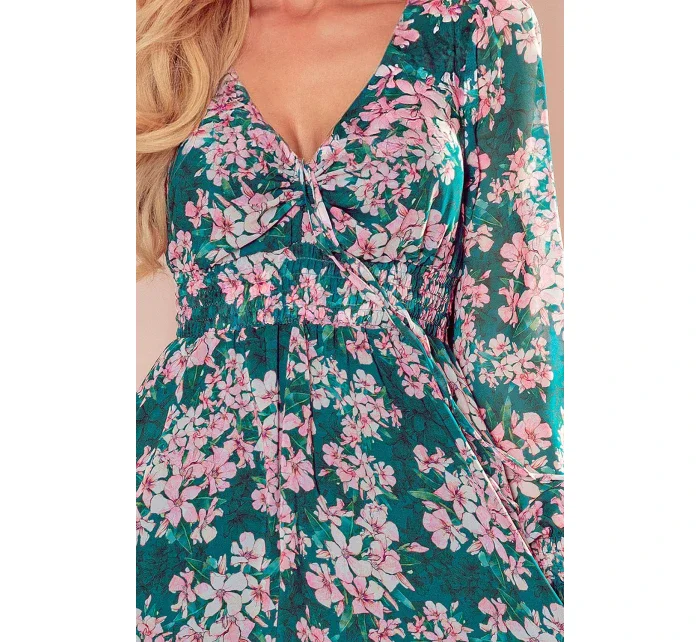 Dámské šifonové šaty s výstřihem se zavazováním a se vzorem květů na pozadí model 18125117 - numoco Dámské šifonové šaty s výstřihem se zavazováním a se vzorem květů na pozadí model 18125117 - numoco