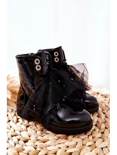 Dziecięce Wiosenne Lakierowane Botki Czarne Semissa