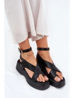 Sandały Damskie Na Platformie I Koturnie Eko Skórzane Czarne Tenzorus Sandały Damskie Na Platformie I Koturnie Eko Skórzane Czarne Tenzorus