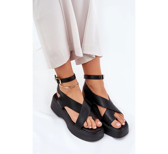 Sandały Damskie Na Platformie I Koturnie Eko Skórzane Czarne Tenzorus Sandały Damskie Na Platformie I Koturnie Eko Skórzane Czarne Tenzorus