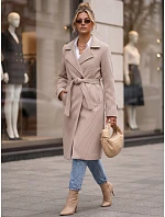 Dlhý dámsky dvojradový kabát s opaskom, béžový, FashionStreet NY0805 Dlhý dámsky dvojradový kabát s opaskom, béžový, FashionStreet NY0805