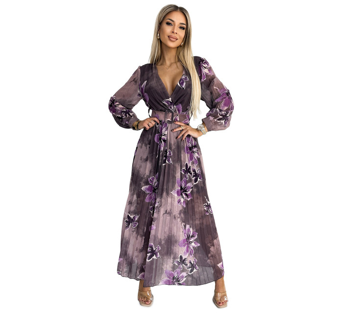 Dámske dlhé plisované šifónové šaty s výstrihom, dlhými rukávmi, širokým opaskom a veľkými fialovými kvetmi 520-1