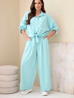 Dámsky bavlnený komplet s viazanou košeľou a širokými nohavicami mint