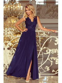 Dlouhé tmavě modré dámské šaty bez rukávů s vyšívaným výstřihem model 6369438 - numoco