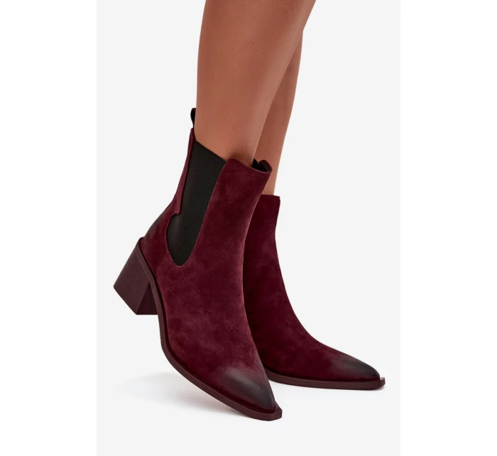 Kožené semišové dámské boty na podpatku vyhřívané model 21712879 bordó - Artiker