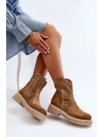 Zazoo 3470 Zamszowe Botki Damskie Na Płaskim Obcasie Ażurowe Beżowe