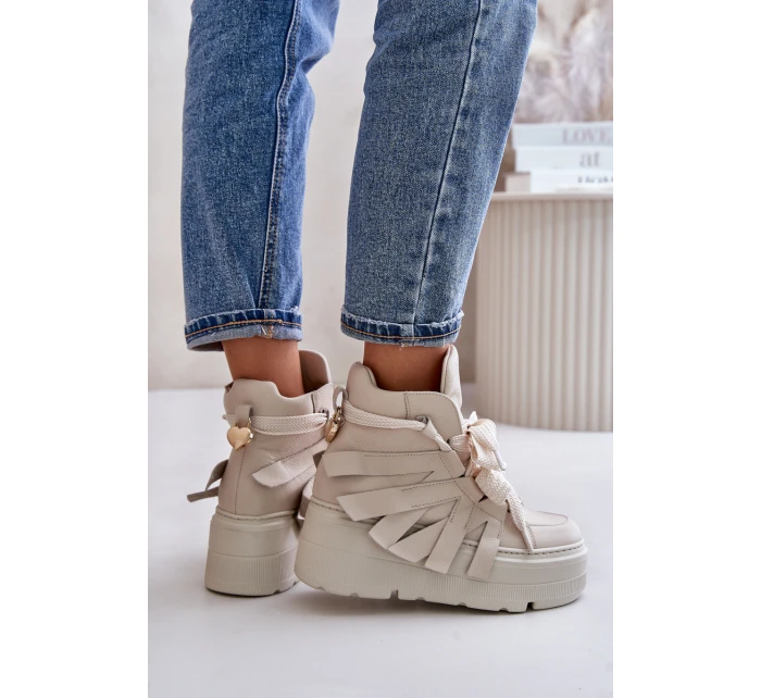 Skórzane Sneakersy Damskie Na Masywnej Platformie CheBello 4561 Beżowe