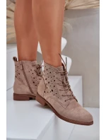 Sznurowane Botki Z Ażurowym Wzorem S.Barski HY51-136 Beżowe