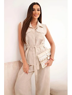 Dámský komplet s vázanou halenkou a širokými kalhotami béžový