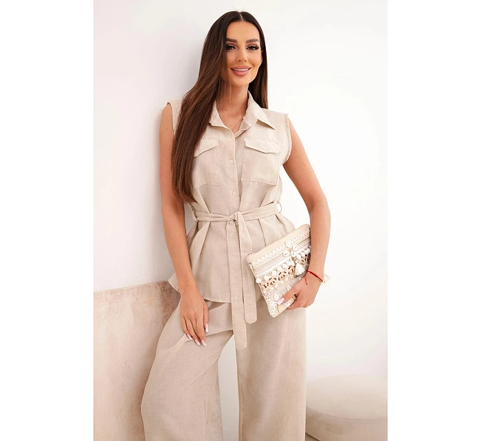 Dámský komplet s vázanou halenkou a širokými kalhotami béžový