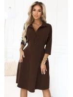 286-9 SANDY Košeľové šaty s opaskom - čokoládové