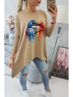 Oversize halenka s potiskem model 18743426 rtů camel - K-Fashion