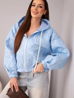 Dámska prešívaná bunda s kapucňou a ozdobnou kvetinovou potlačou modrá