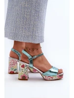Dámské sandály na podpatku s květinami D&A model 21660335 modré - S.Barski