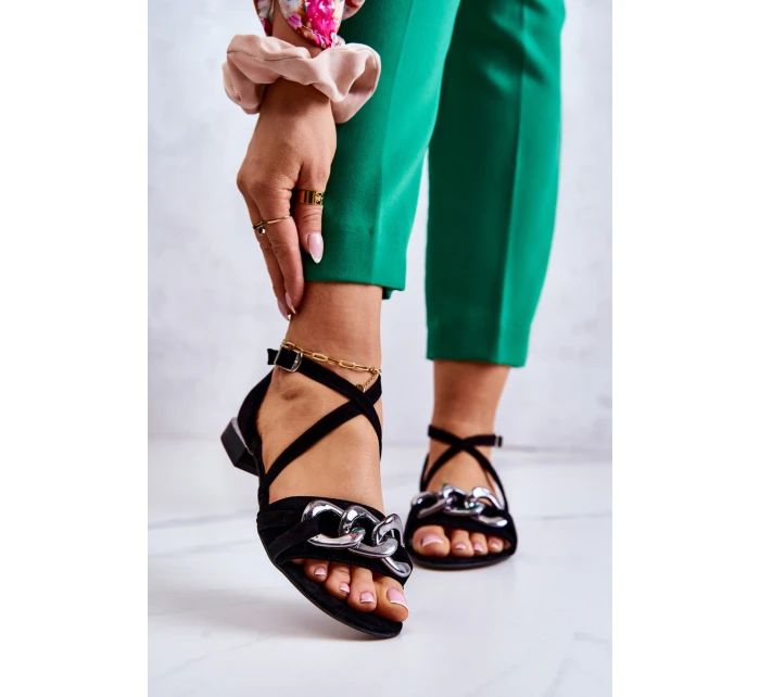 Dámské semišové sandály s řetízkem model 21583188 Černá - Laura Messi