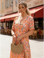 Dámske midi šaty s kvetinovým vzorom oranžové FashionStreet EY2657 Dámske midi šaty s kvetinovým vzorom oranžové FashionStreet EY2657