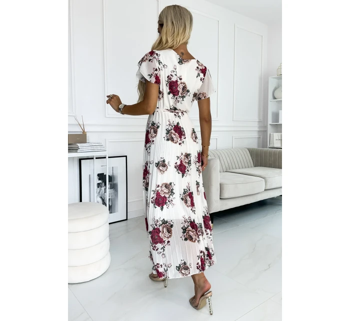 434-8 LISA Plisované midi šaty s výstrihom a volánmi - ecru + bordové kvety