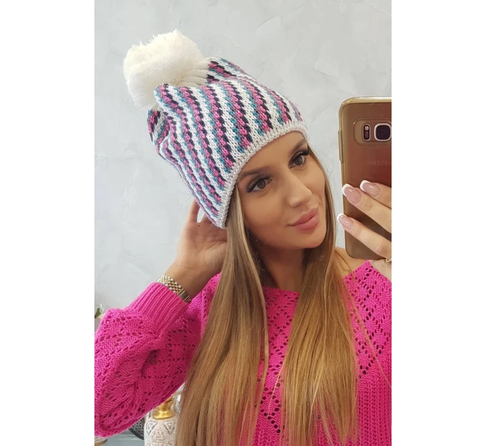 Dámska čiapka s brmbolcom Hanna K328 biela+džínsy