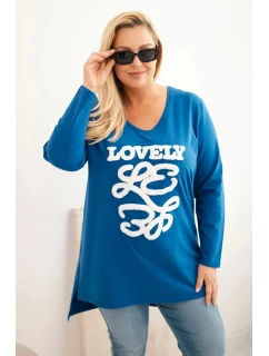 Dámská blůza Plus Size bavlněná s nápisem a výstřihem do V chabrová