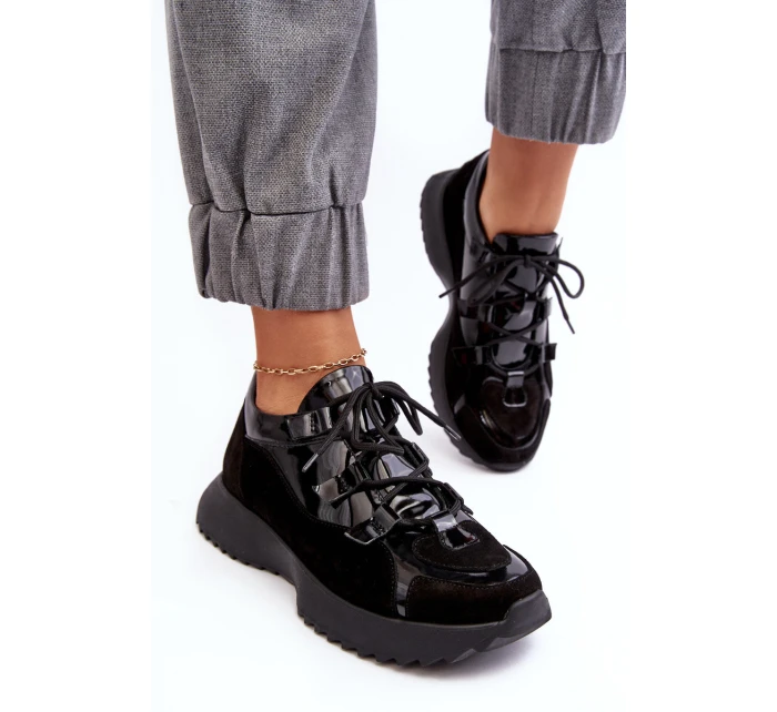 Kožené lakované dámské sportovní boty model 21638323 Černé - Zazoo