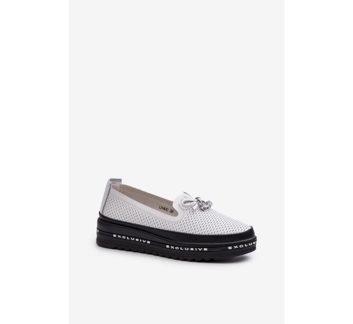 Mokasyny Damskie Skórzane Na Platformie S.Barski LR400 Białe