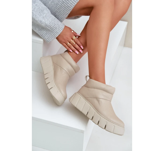 Zazoo 60470 Skórzane Botki Ocieplane Wełną Na Platformie Jasnobeżowe