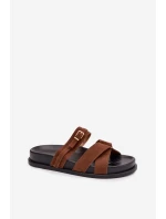 Dámské pantofle s pásky a zlatým sponou Hnědé Selorina