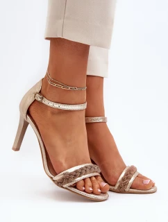 model 21652356 Dámské Kožené Sandály Na Podpatku Zlaté - Zazoo