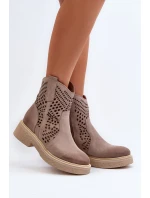 Zazoo 3470 Zamszowe Botki Damskie Na Płaskim Obcasie Ażurowe Cappuccino